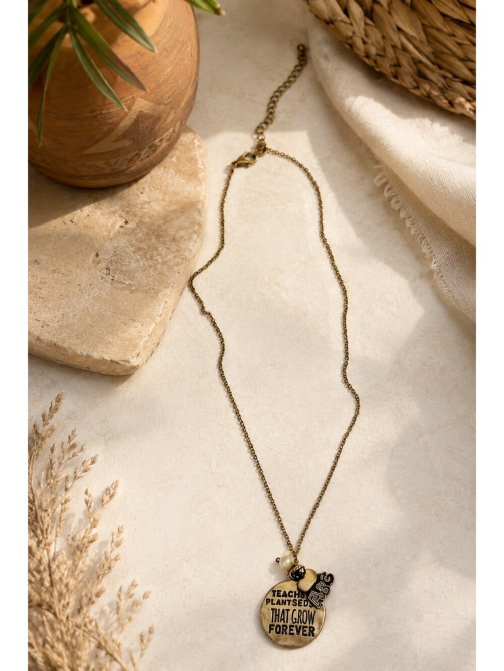 Teachers Plant Seeds That Grow Forever Rose Goldtone Necklace w/ Pearl Apple
